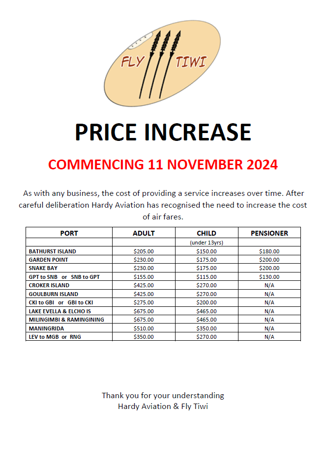 Fly Tiwi 2024 Price Increase